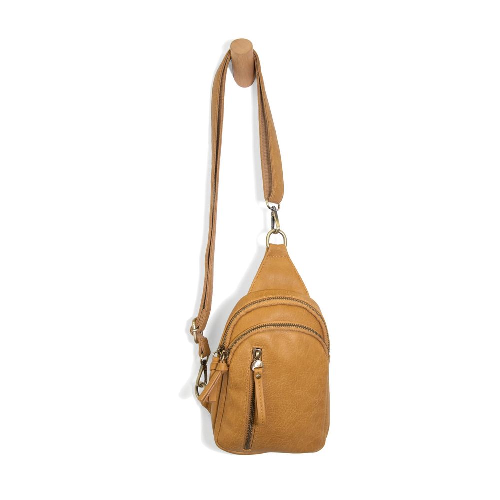 Skyler Sling Bag Vegan Leather, Ziered Closure, Brass Plated Hardware, -_-